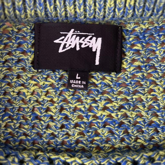 Stussy 2 Tone Loose Gauge Sweater Mens L Green Blue Marled Waffle Chunky Knit - Picture 6 of 10